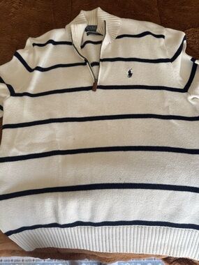 Polo by Ralph Lauren Cream and Navy Striped Half-Zip Sweater